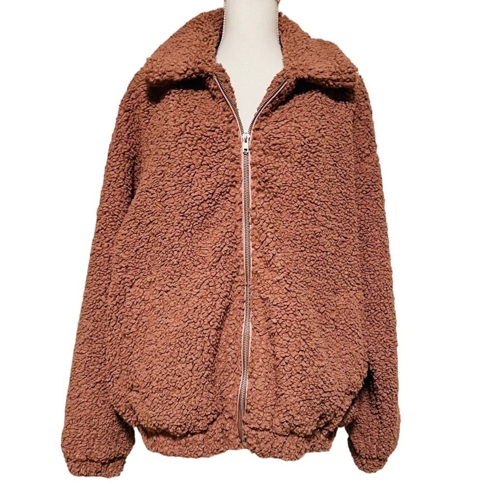 EASEL WOMENS OVERSIZED LIGHT MAUVE TEDDY ZIPPERED JACKET SIZE MEDIUM